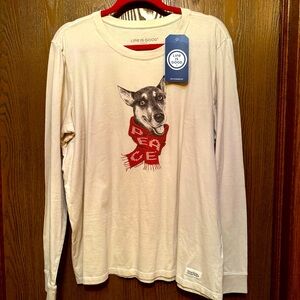 NWT Life Is Good XL Long Sleeve Crusher Tee Women’s off white V-neck Dog Peace